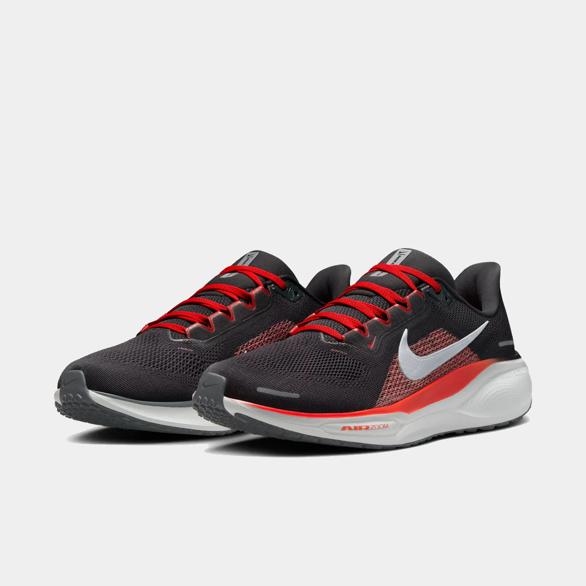 Air Zoom Pegasus 41 running shoe side view, black upper with red laces and white midsole