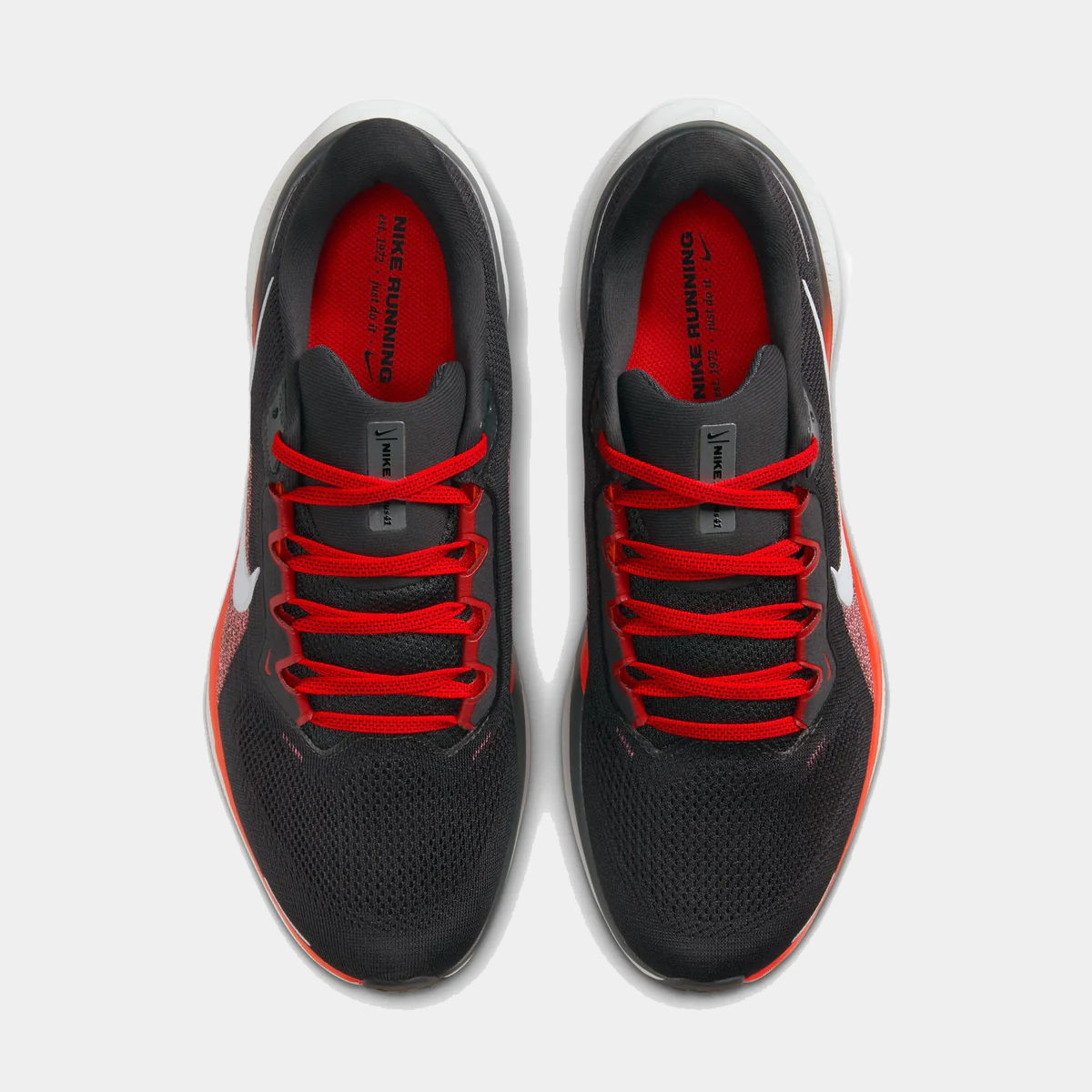Air Zoom Pegasus 41 shoes top view, black knit upper with red laces and white sole