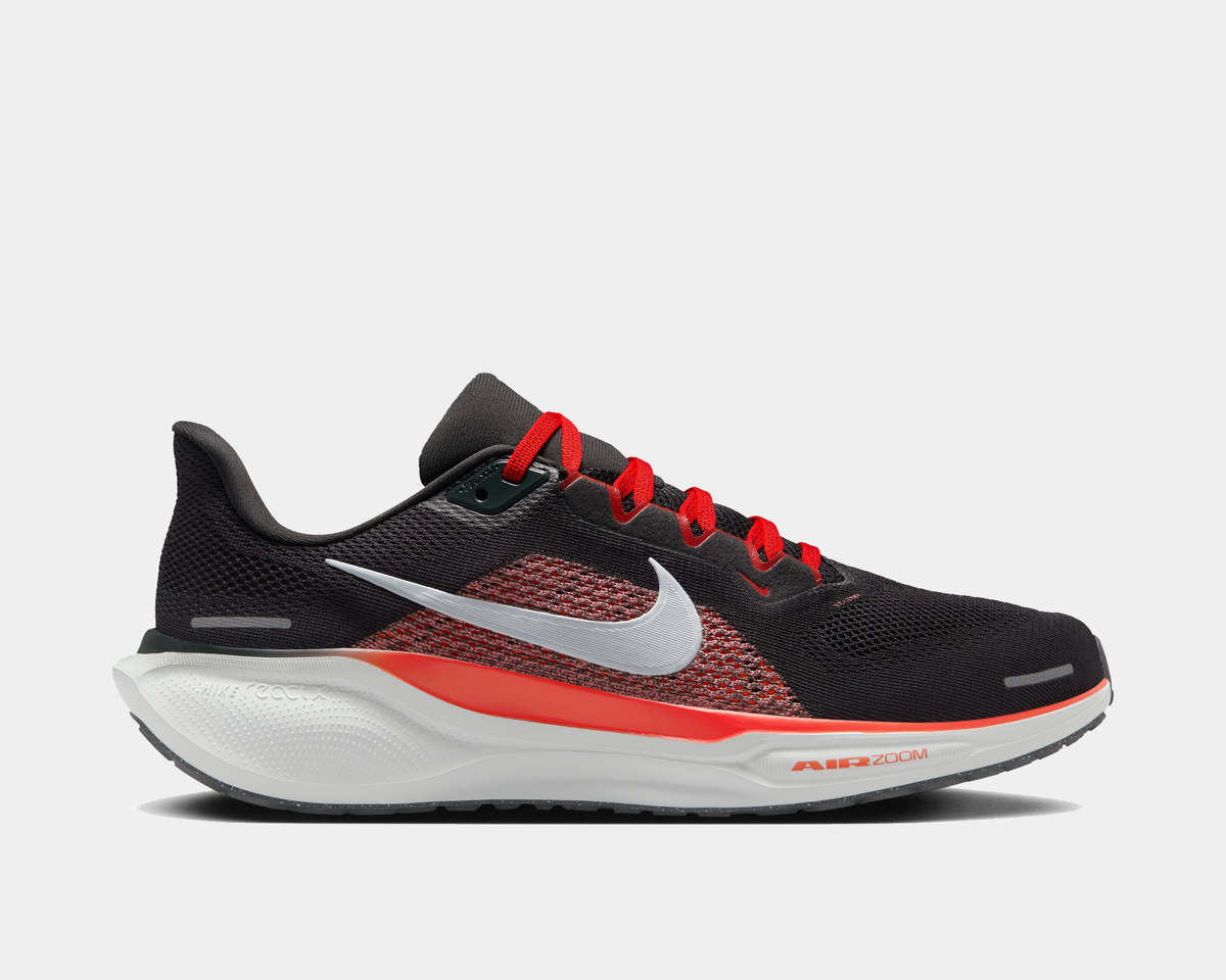 Air Zoom Pegasus 41 running shoe, black mesh upper with red laces and silver swoosh