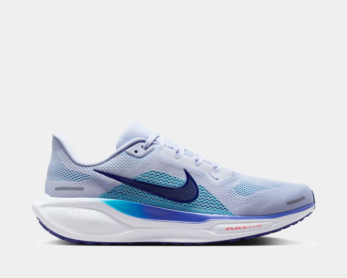White running shoe with blue mesh upper, teal Nike swoosh, lace-up
