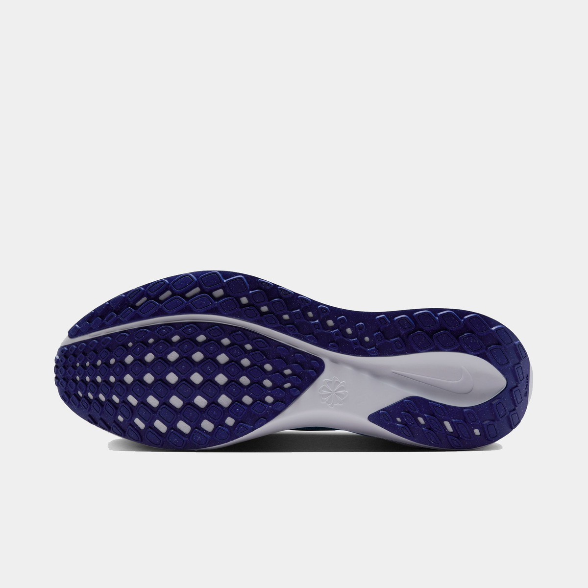 Blue and white running shoe outsole with patterned traction tread