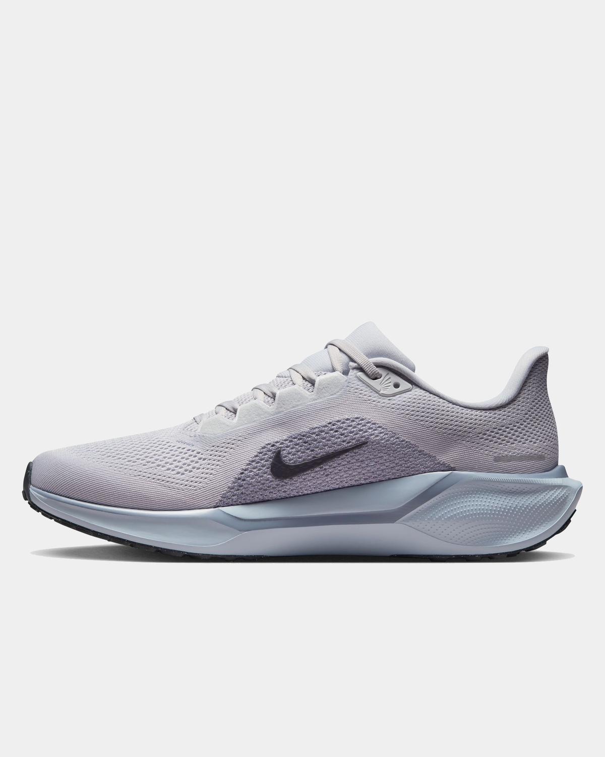 Light gray running shoe with Air Zoom midsole, dark swoosh, and lace-up upper