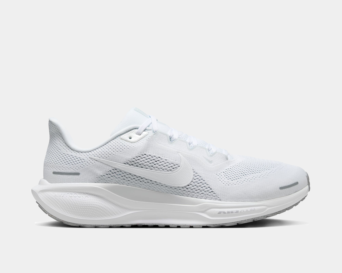 White lace-up running shoe with molded logo and cushioned midsole