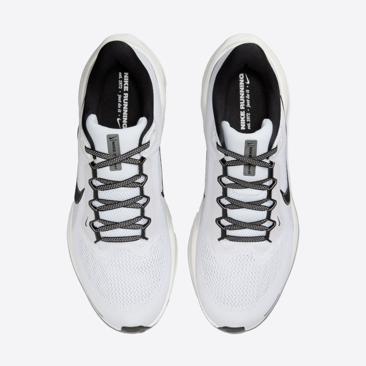 Air Zoom Pegasus 41 running shoes, white uppers with black lace-up detail.