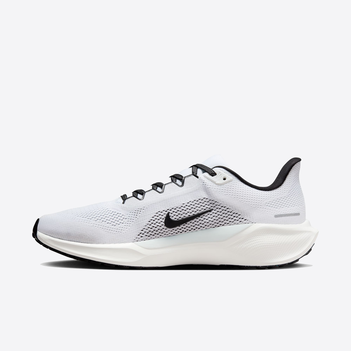 White running shoe with black Nike swoosh, lace-up upper and curved side stripe