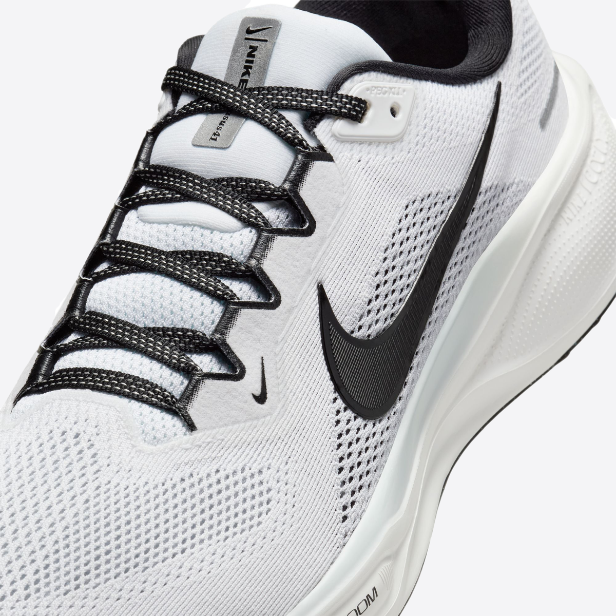 Air Zoom Pegasus 41 running shoes, white mesh upper with black Swoosh and laces.