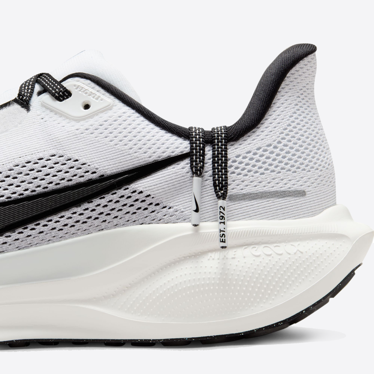 Air Zoom Pegasus 41 running shoes, white upper with black heel collar and strap.