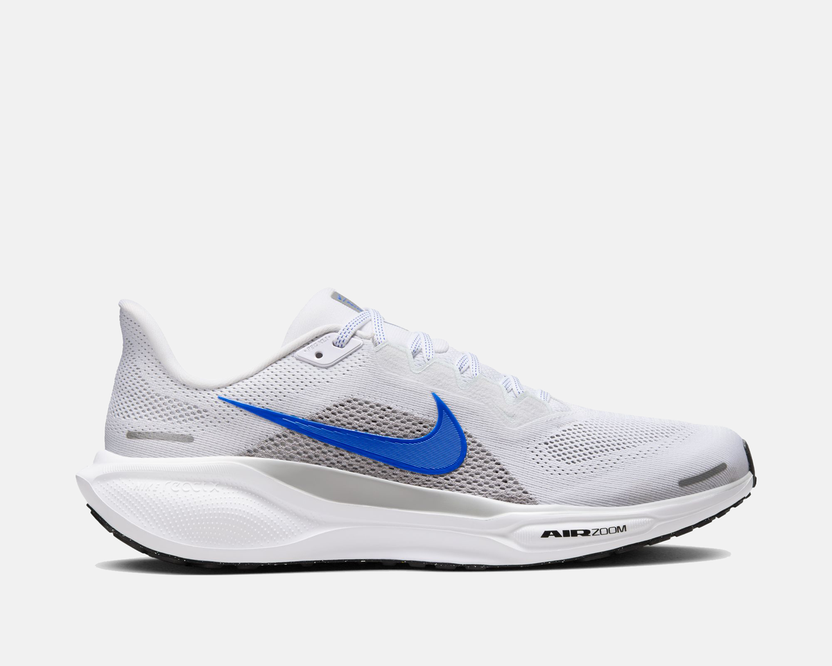 White Air Zoom Pegasus 41 running shoes with blue swoosh and cushioned midsole