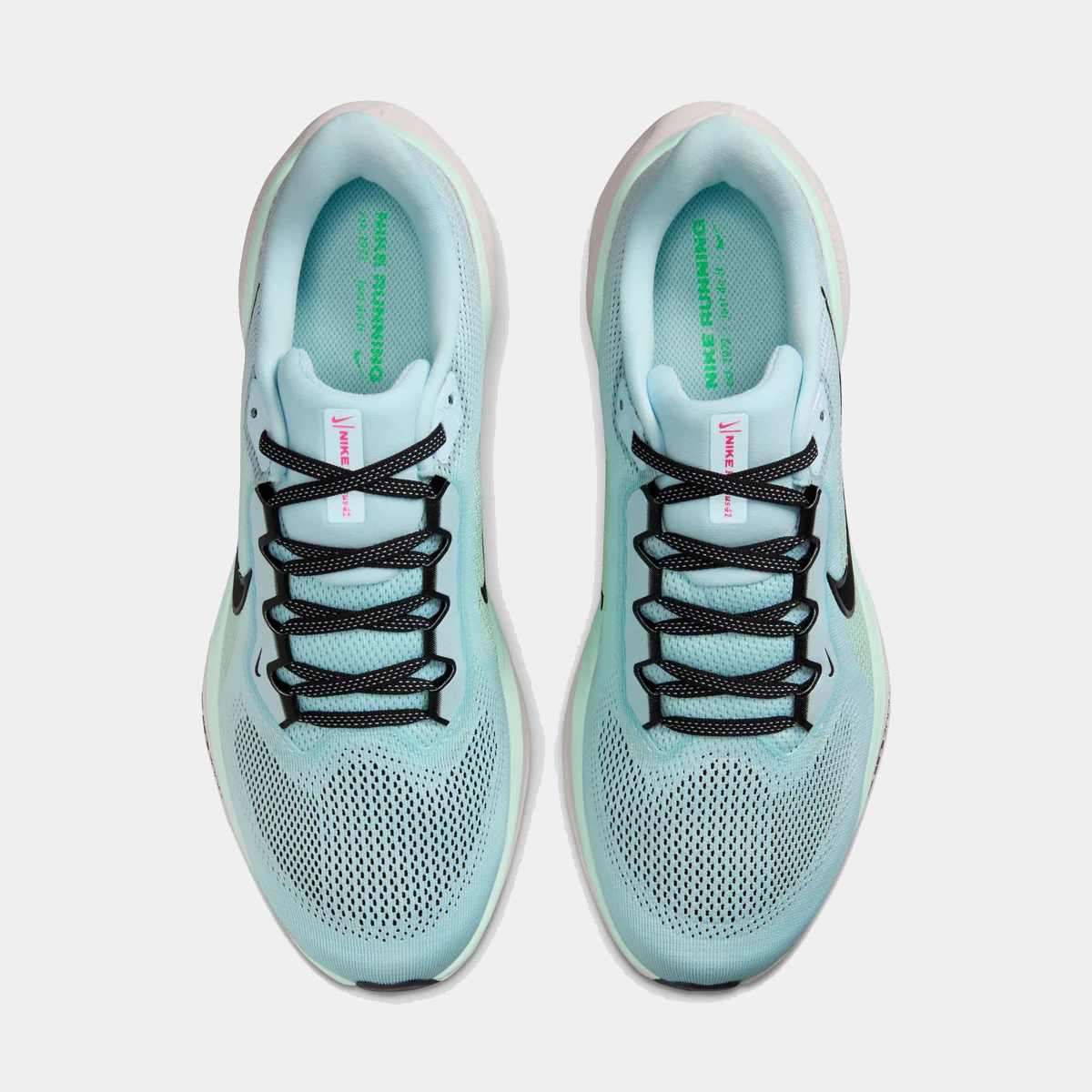 Pair of light blue mesh sneakers with black lace eyelets and padded collar