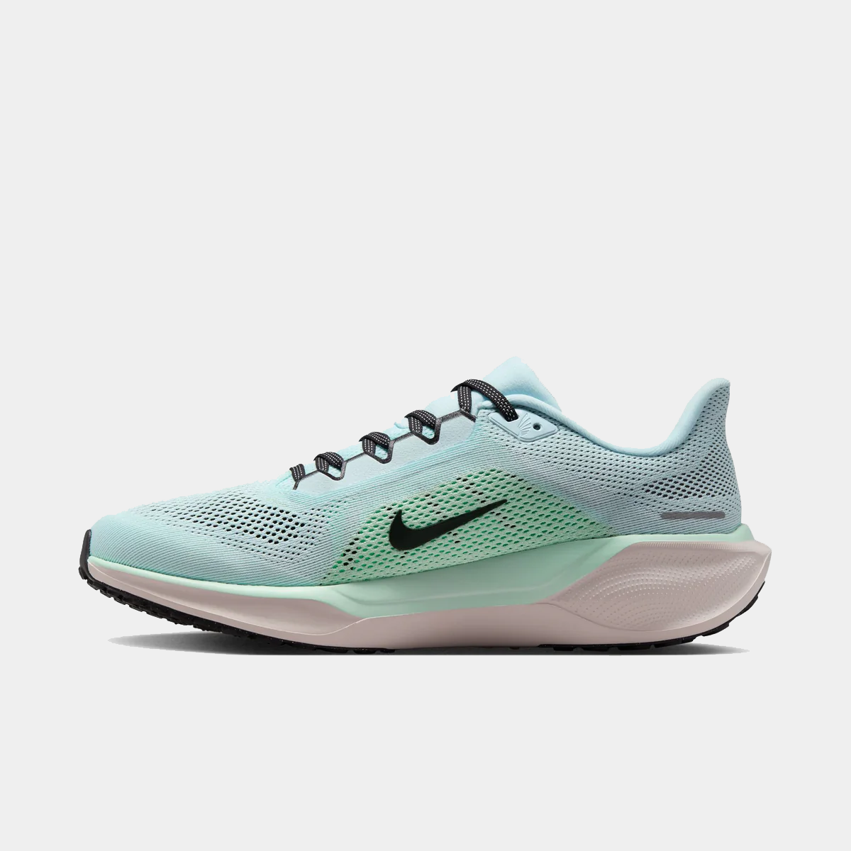 Light mint running shoes with black laces, black swoosh, and white midsole