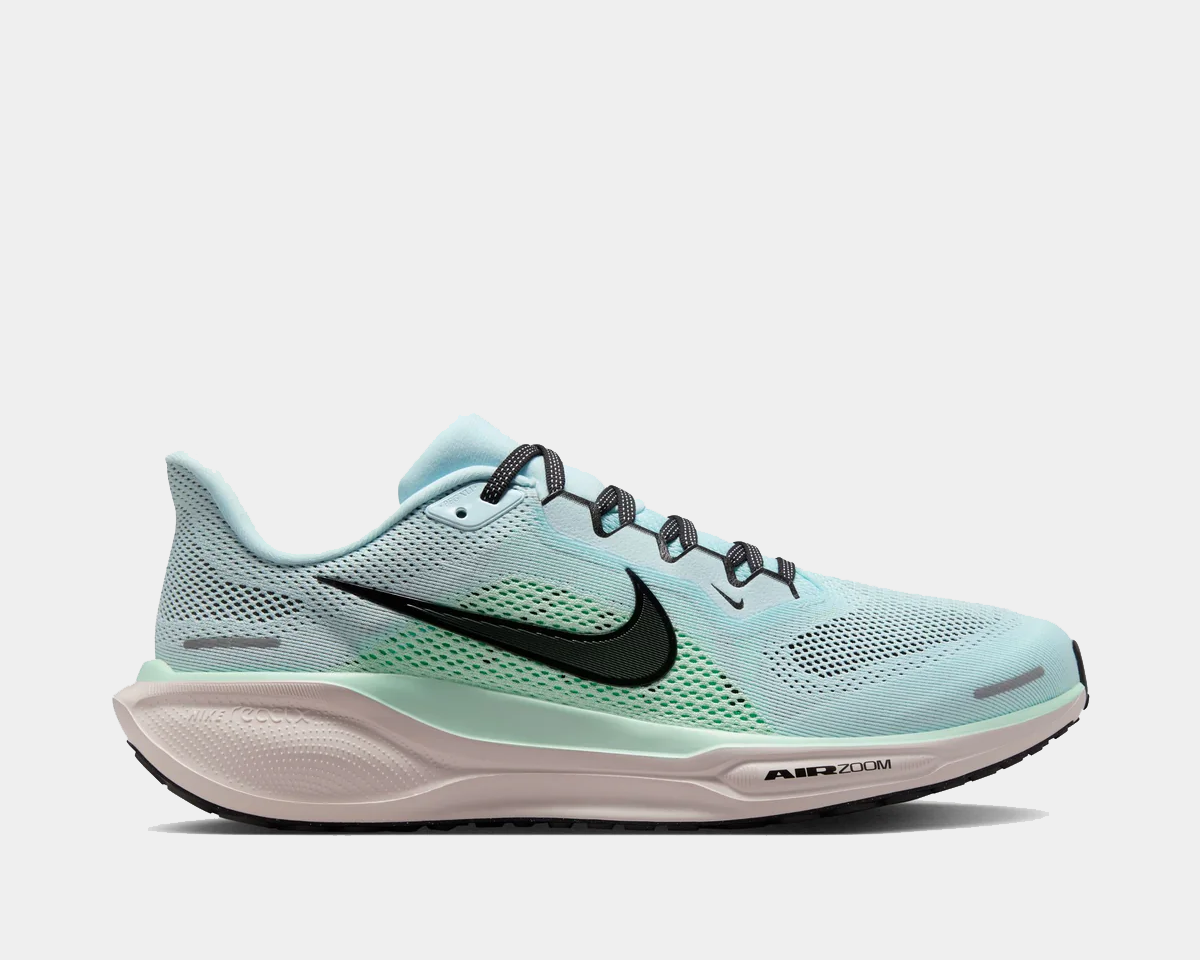 Light blue mesh running shoes with black swoosh and Air Zoom white midsole