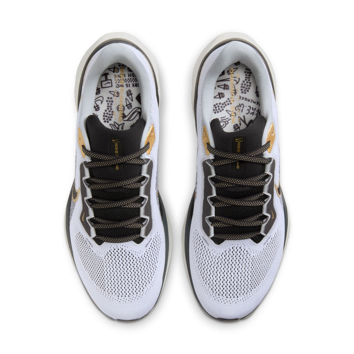 Pegasus 41 running shoes, pair view with white mesh, black laces, and gold lace hardware.