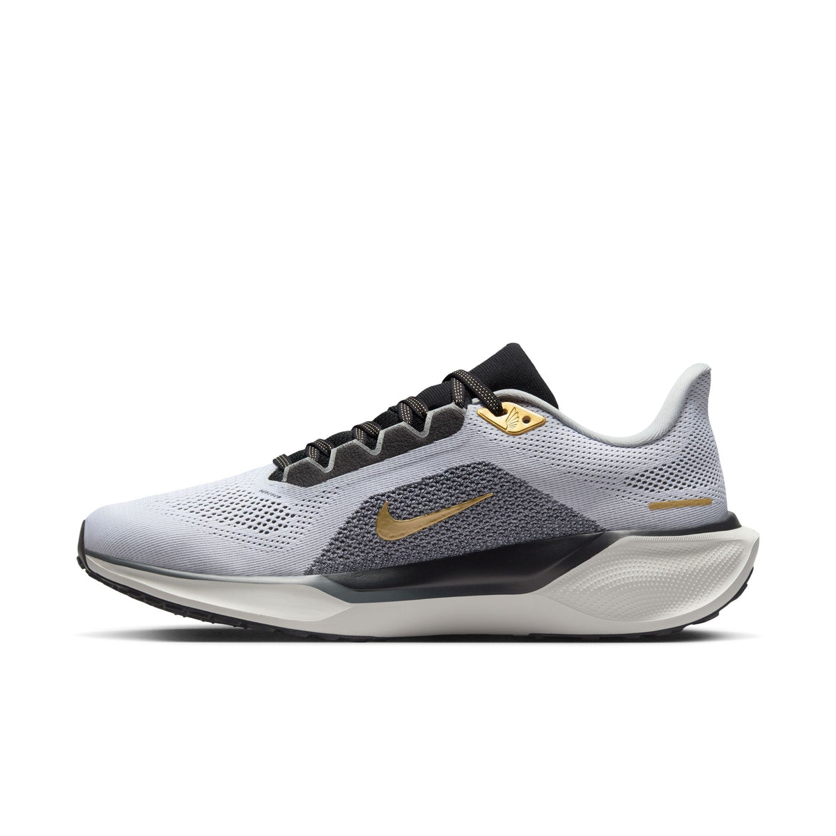 Pegasus 41 running shoes, gray upper with black lace overlay, gold swoosh, white sole.