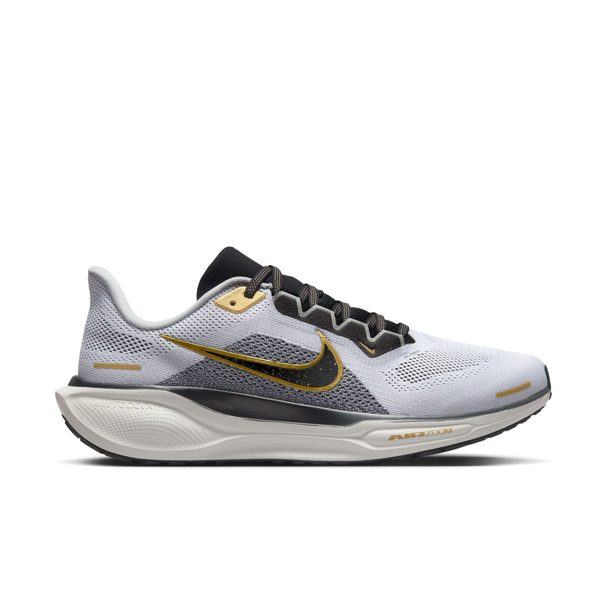 Pegasus 41 running shoes, light gray and black upper with gold swoosh and lace loop.