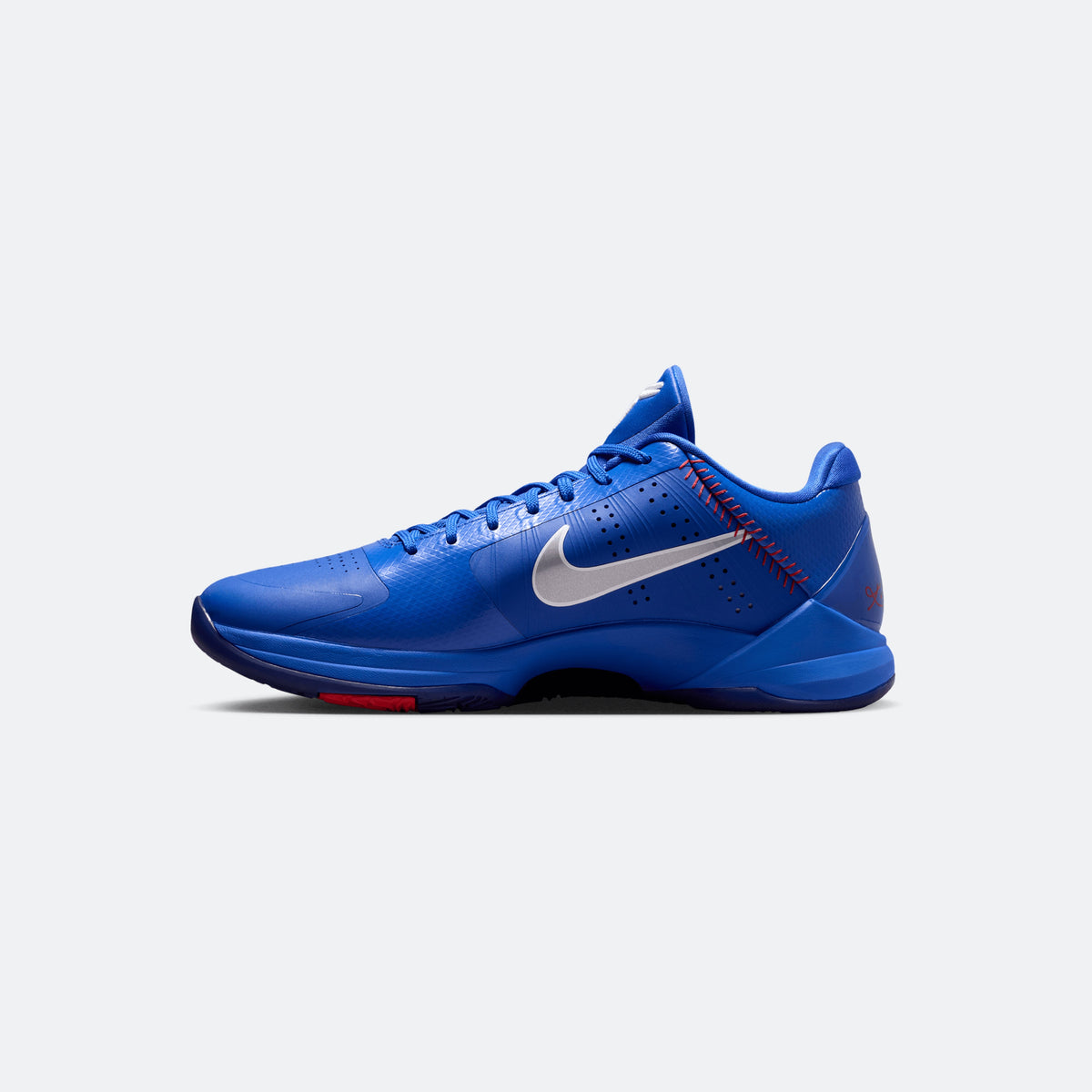Blue Kobe V Protro basketball shoes with Swoosh and red detailing on the upper