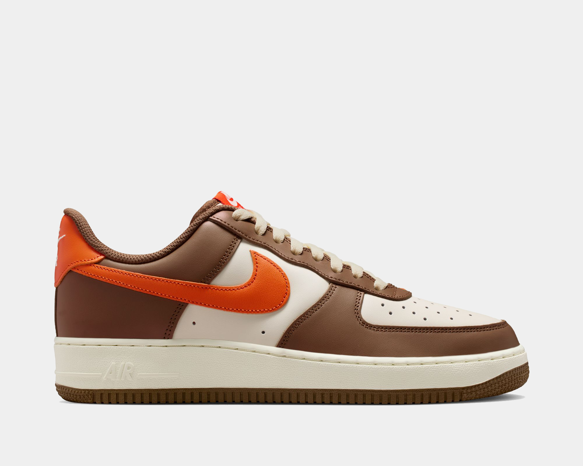 Air Force 1 '07 low-top sneakers, brown and orange with white swoosh and lace-up front