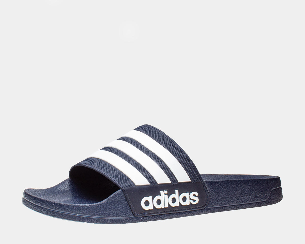 Adilette shower slide, navy slide with three white adidas stripes on strap