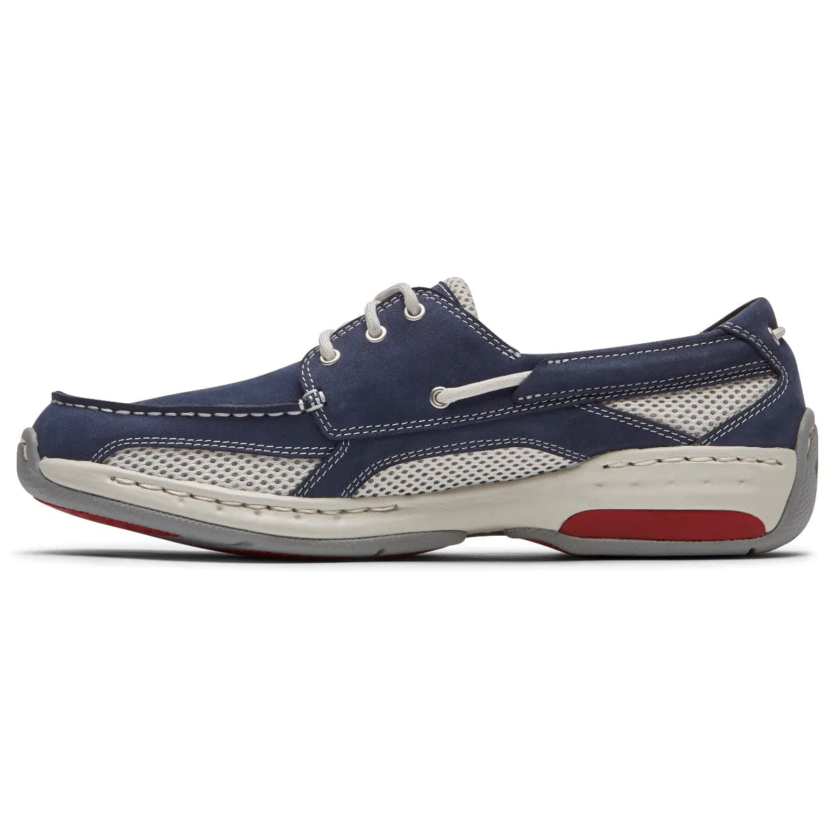 Navy lace-up boat shoes with white trim, mesh accents, and red sole detail