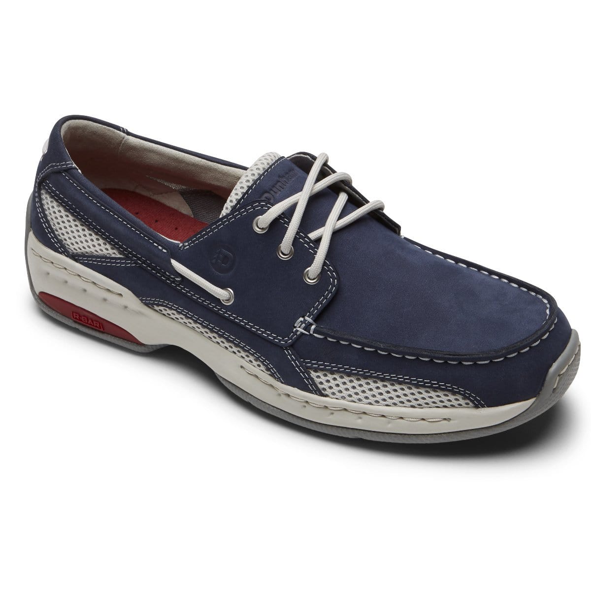 Navy lace-up boat shoes with white midsole and mesh side panel