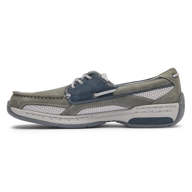 Captain casual boat shoe in grey and navy with white midsole and perforated details