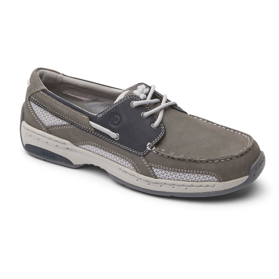 Captain casual boat shoe in grey with navy laces and textured mesh side panel
