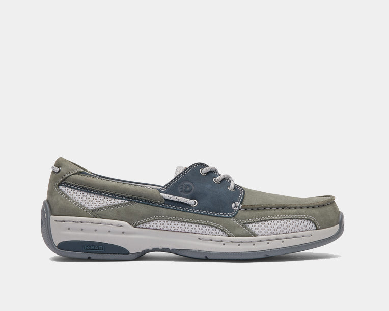 Captain casual boat shoe in grey with navy accents, lace-up design, and white sole