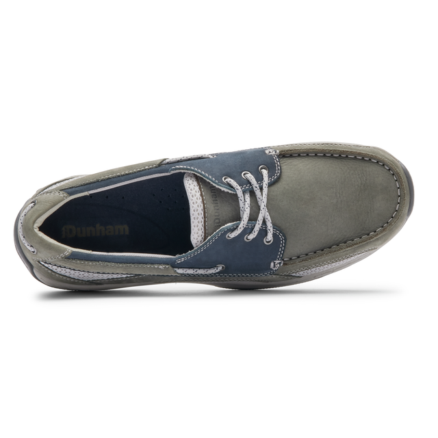 Captain casual boat shoe interior view in grey and navy with lace-up opening
