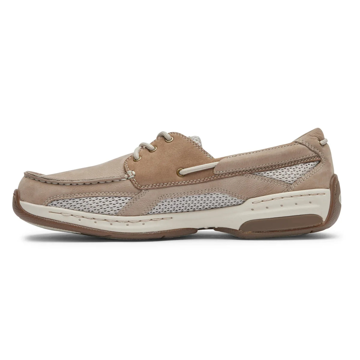 Beige lace-up boat shoe with perforated panels, textured top, and white midsole