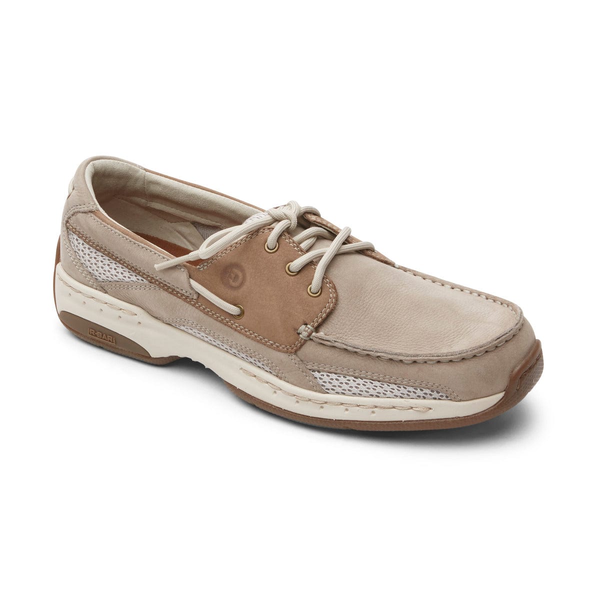 Tan lace-up boat shoe with white laces, perforated inserts, and off-white midsole