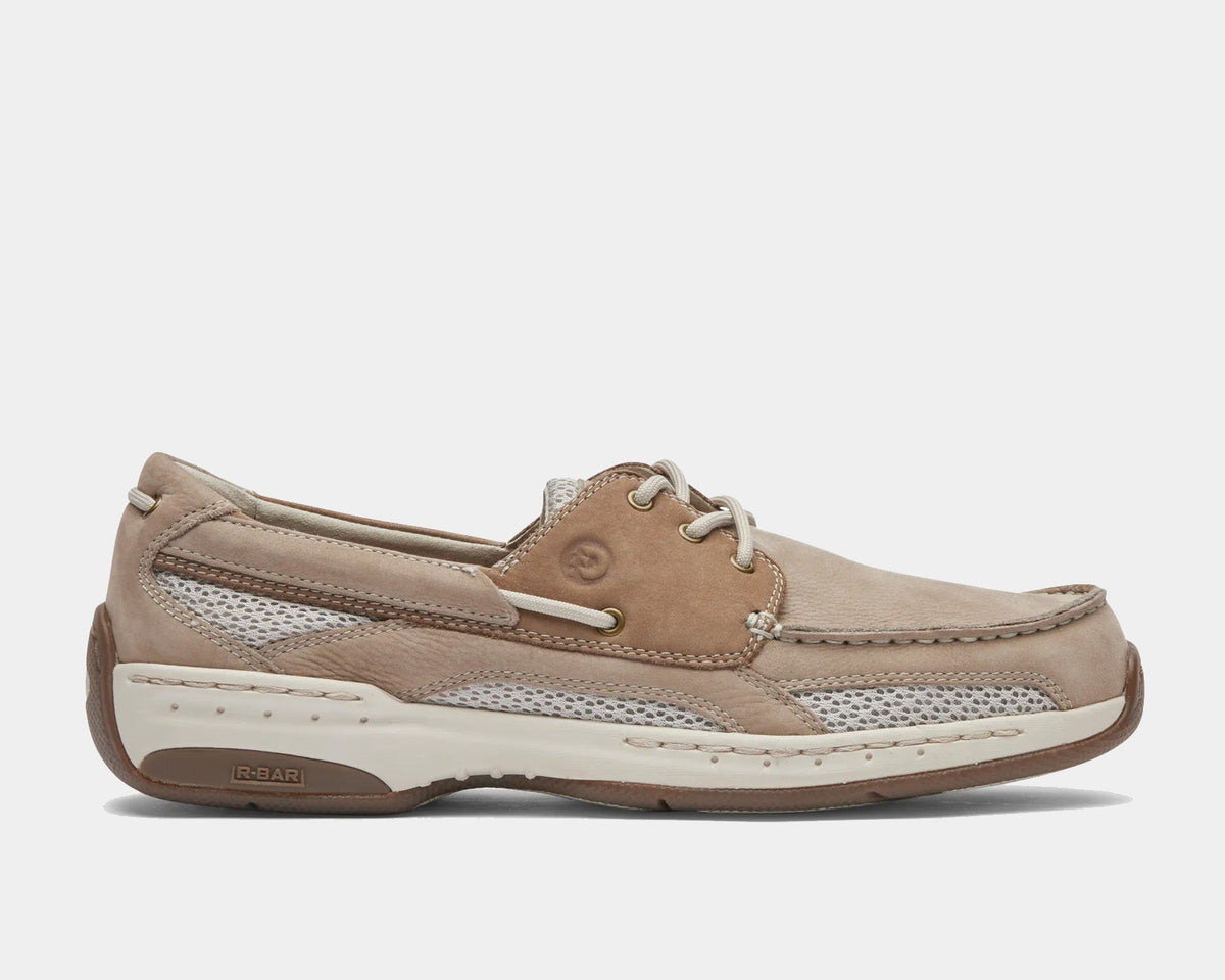 Light tan lace-up boat shoe with perforated side panels, contrast midsole, brown trim