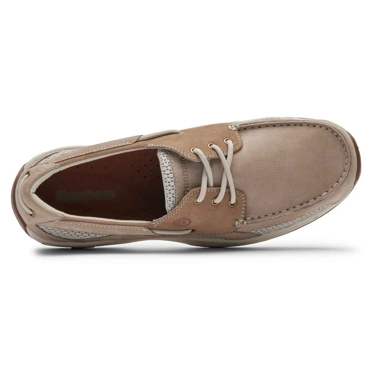 Taupe lace-up boat shoe viewed from inside, showing stitched eyelets and padded collar