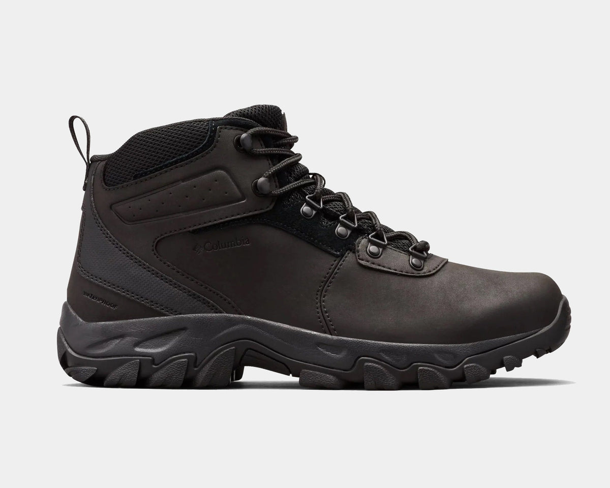 Waterproof hiking boots, dark brown/black with black laces, padded collar, and tread sole