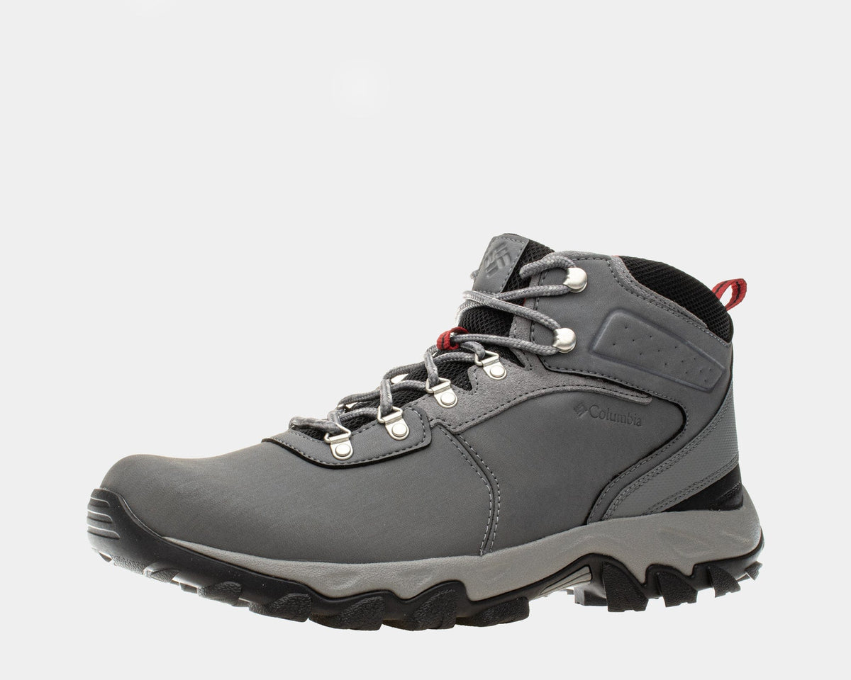 Gray waterproof hiking boot with lace-up closure and red accent at the heel
