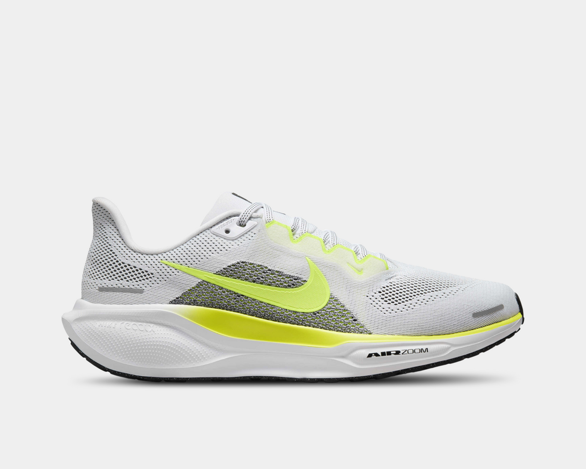 Running shoes in white mesh with neon yellow-green swoosh and AirZoom sole