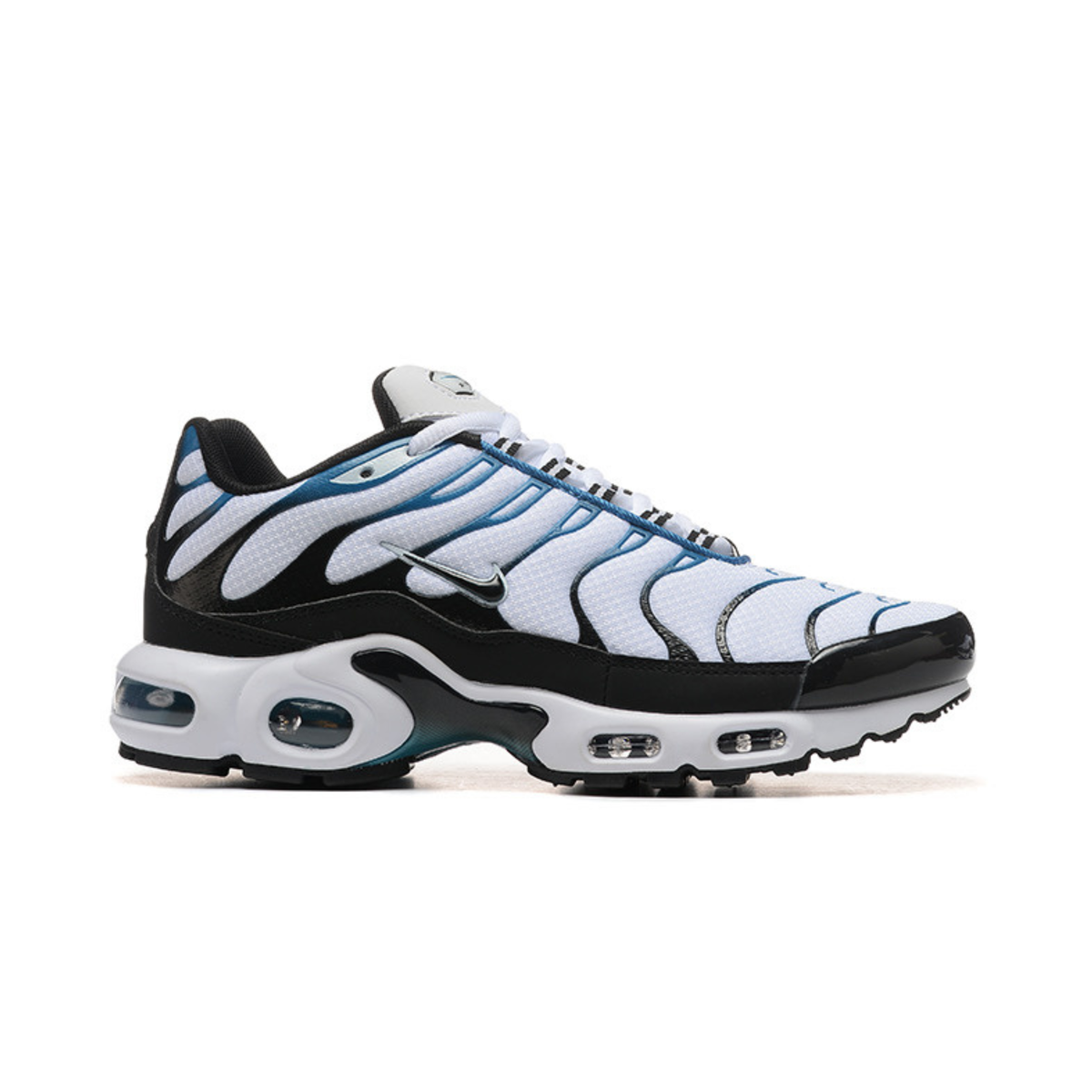 NIKE Air Max Plus sneaker in light blue, black, and white with lace-up and visible air pods