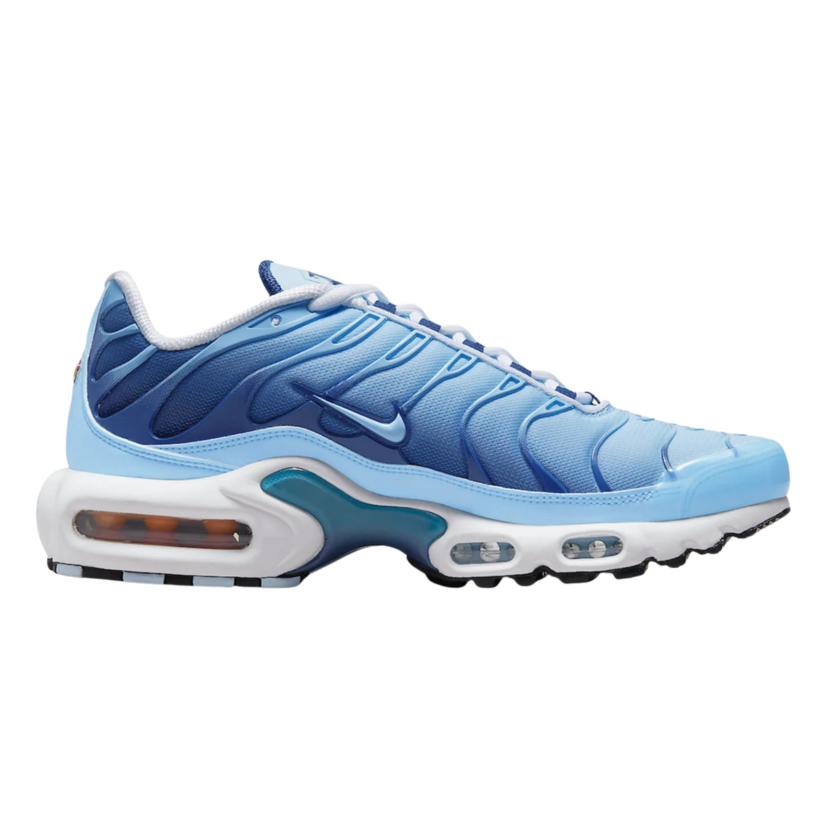Nike Air Max Plus sneakers, light blue with navy panels and visible air sole unit