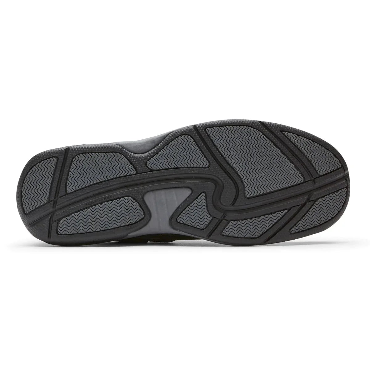 Black boat shoe outsole with textured tread and patterned side grip panels