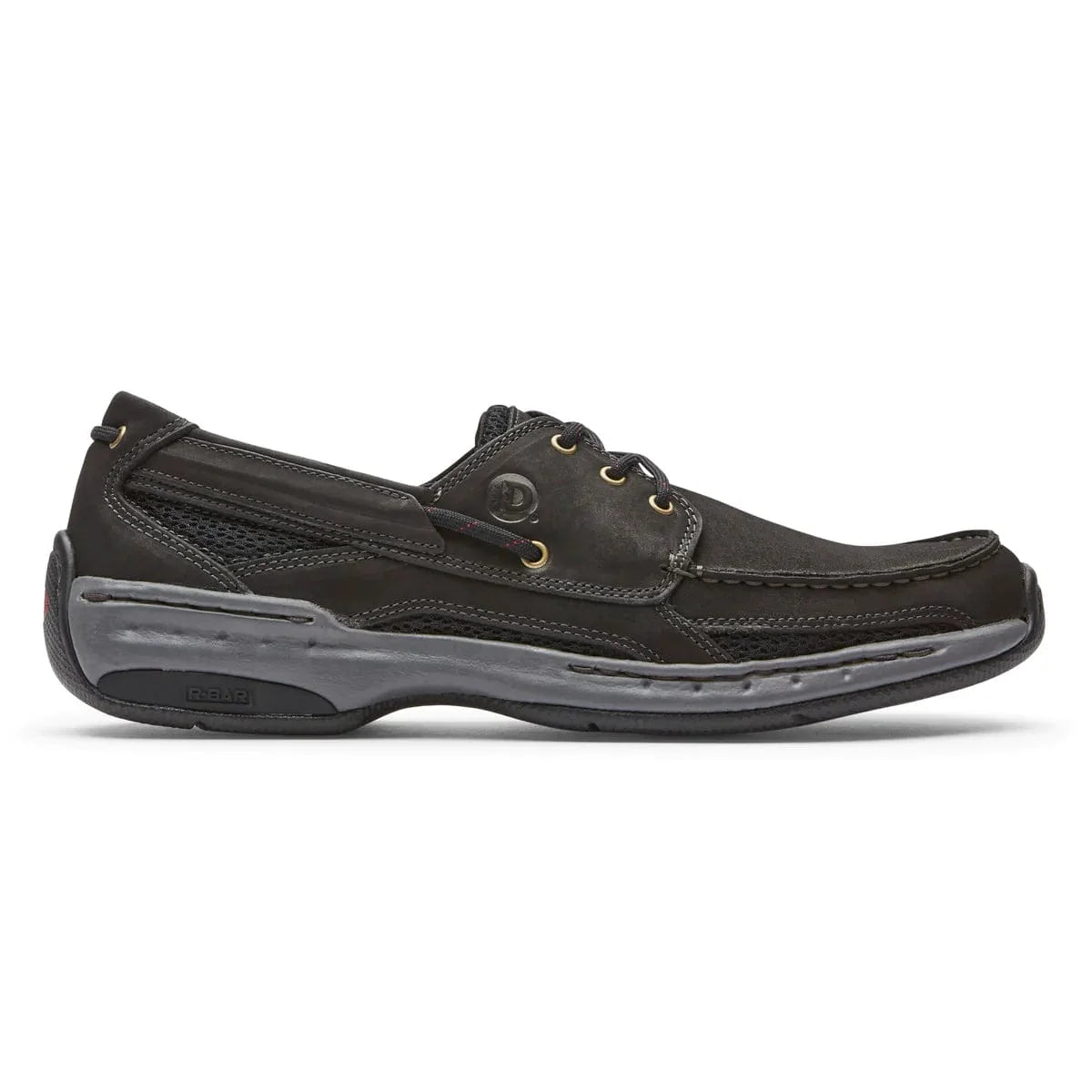 Dark brown lace-up boat shoes with black upper and gray midsole