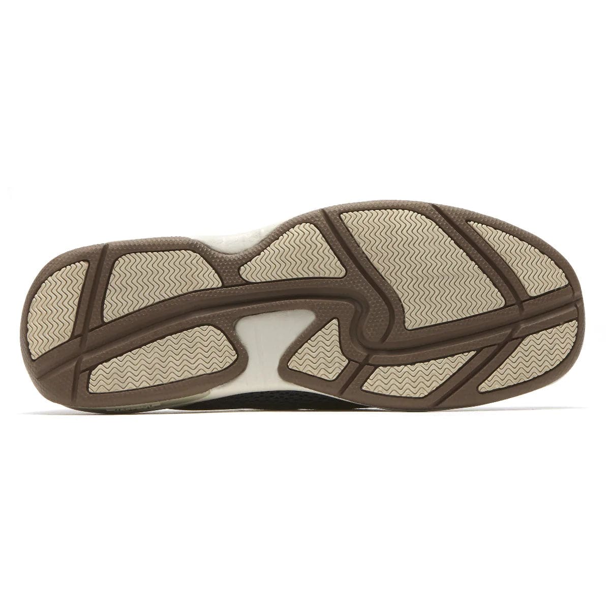 Captain casual boat shoe outsole with dark brown traction pattern and curved tread