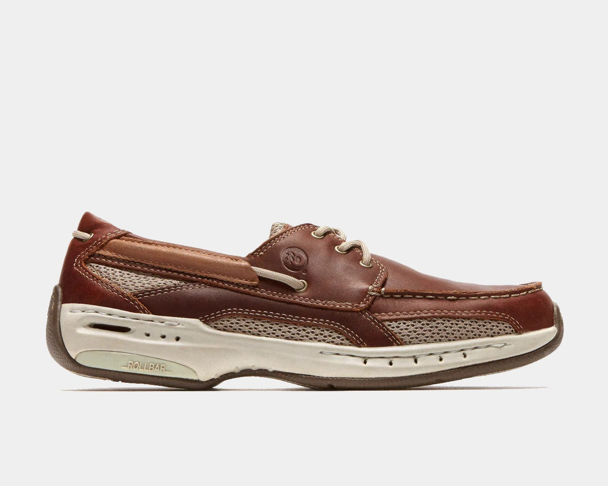 Captain casual boat shoe in brown with tan mesh panels and white rubber sole