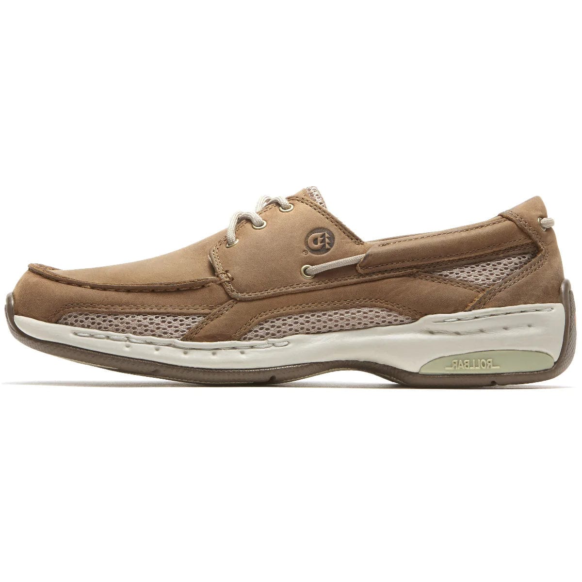 Captain lace-up shoes in tan with brown overlays, perforated sections, and white sole