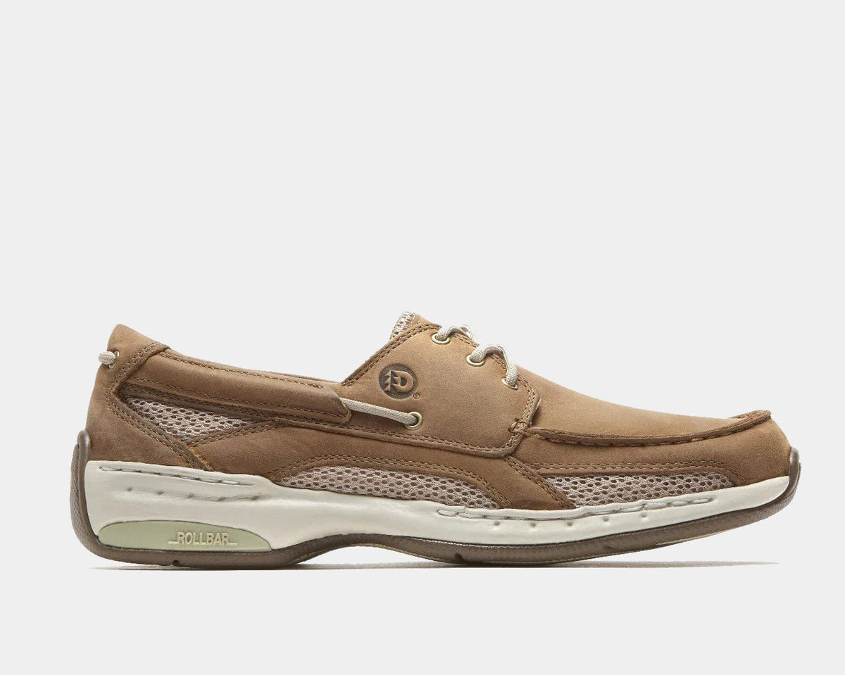 Captain casual boat shoe in tan/brown with lace-up top and white rubber sole