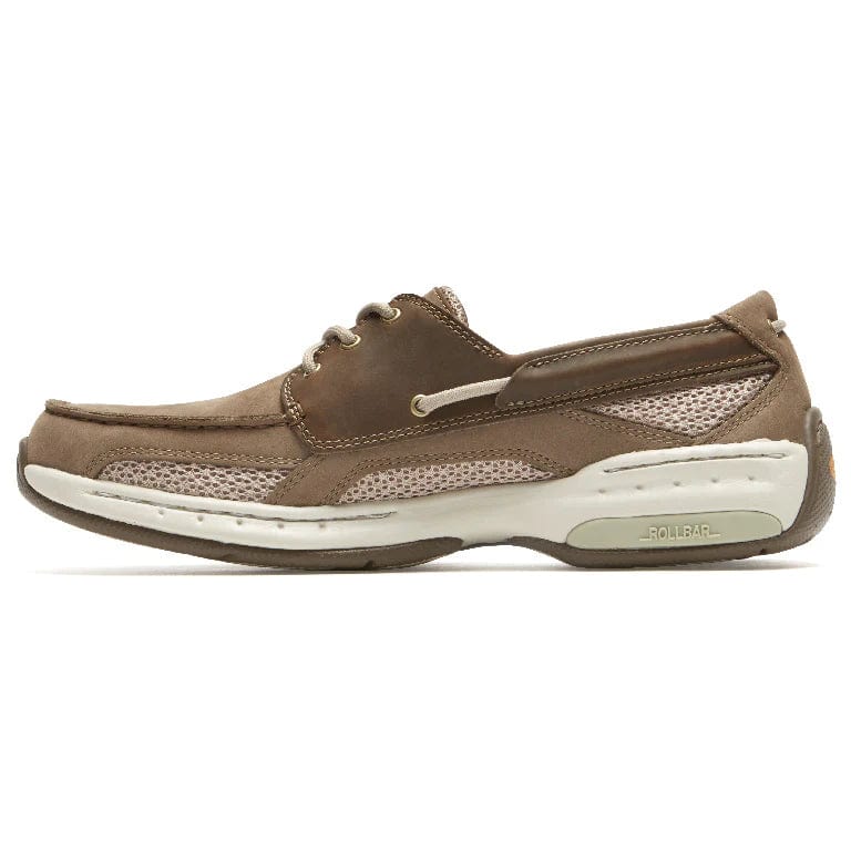 Brown lace-up boat shoes with perforated side panel and white outsole trim