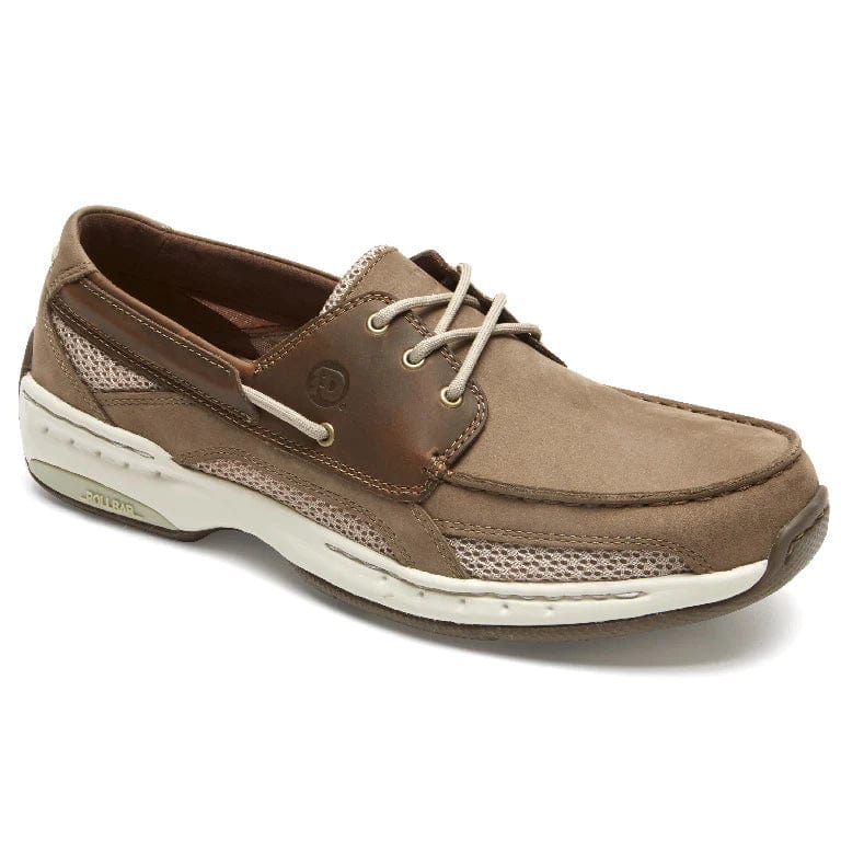 Tan lace-up boat shoes with white midsole and light brown suede upper