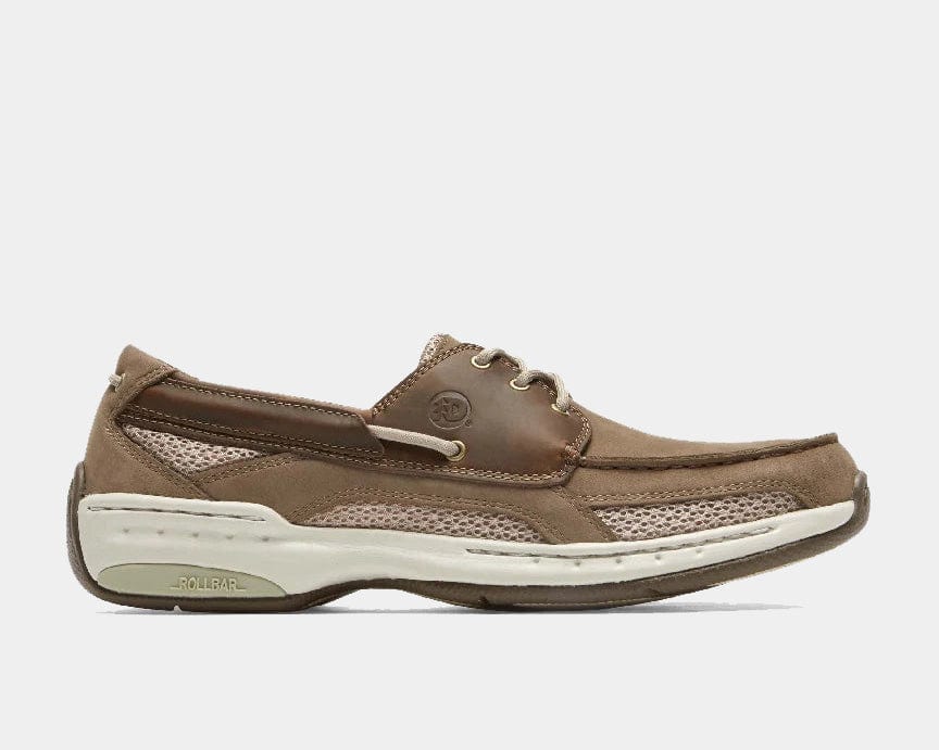 Tan lace-up boat shoes with beige accents and perforated side panel