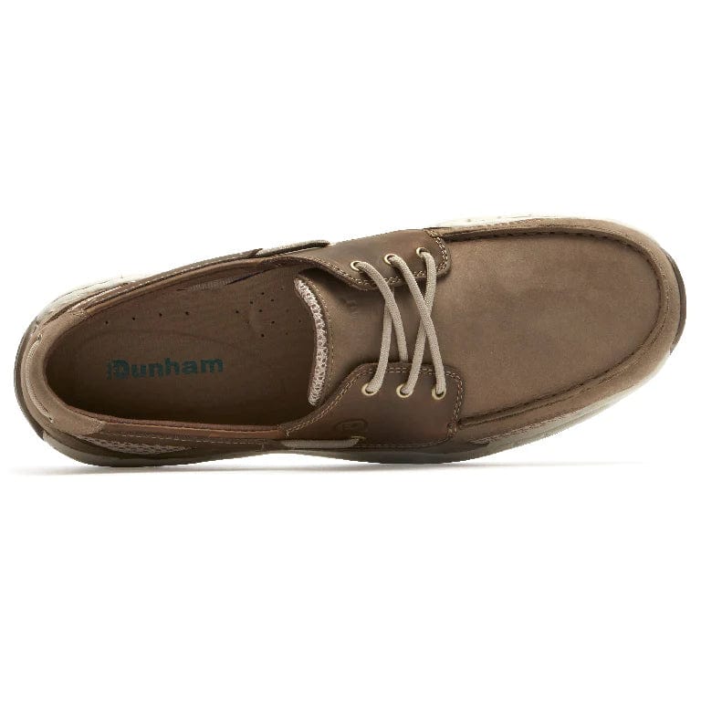 Brown lace-up boat shoe with cream laces and perforated vamp panel