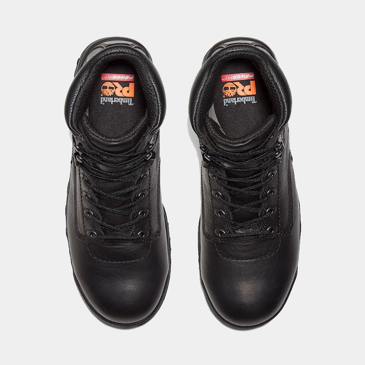 Black safety toe work boots top view with lace-up closure and padded tongue