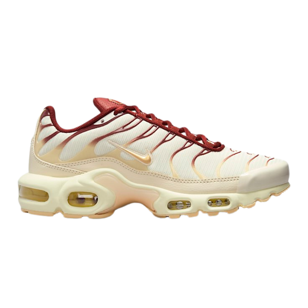 Nike Air Max Plus running shoes, cream upper with red laces and gold accents
