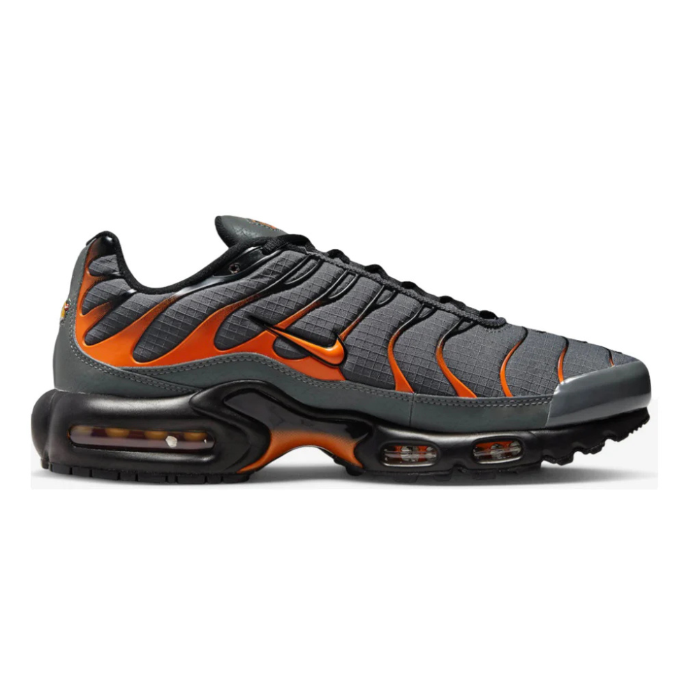 NIKE Air Max Plus men's sneaker in dark gray with safety orange accents