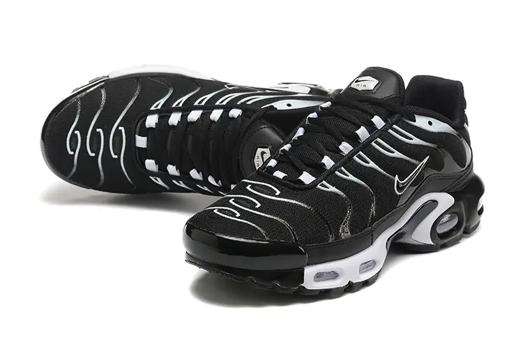 Nike Air Max Plus lace-up sneakers, black with silver swoosh and tubular lacing detail